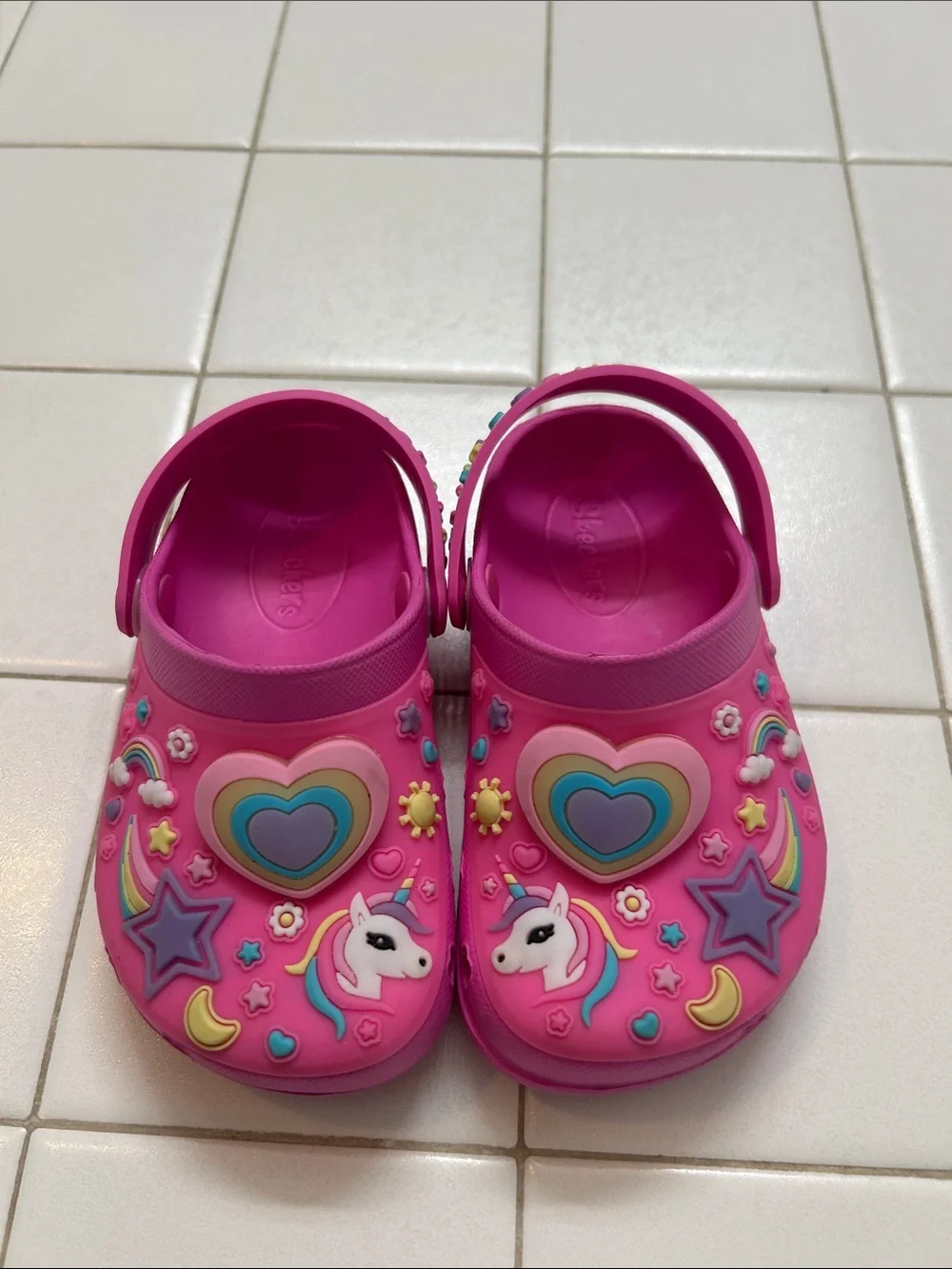 Skechers Bright Pink Kids Unicorn Clog Sandals with Rainbow Hearts - light up